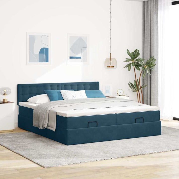 Ottoman seng med madrasser & LEDs Mørkeblå 200x200cm Fløjl