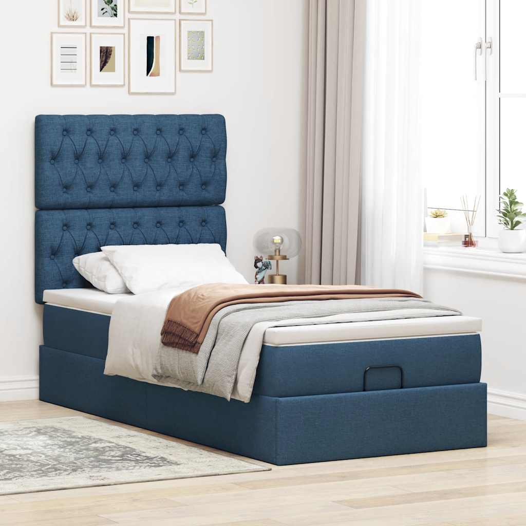 ottoman seng med madras 90x200 cm stof blå