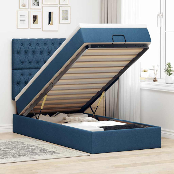 ottoman seng med madras 90x200 cm stof blå
