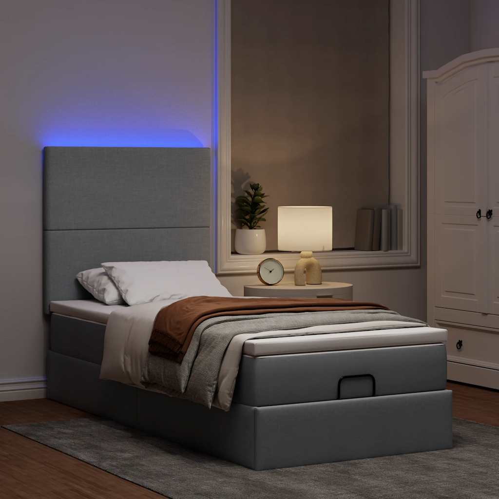 ottoman seng med madras & LEDs 90x200 cm stof lysegrå