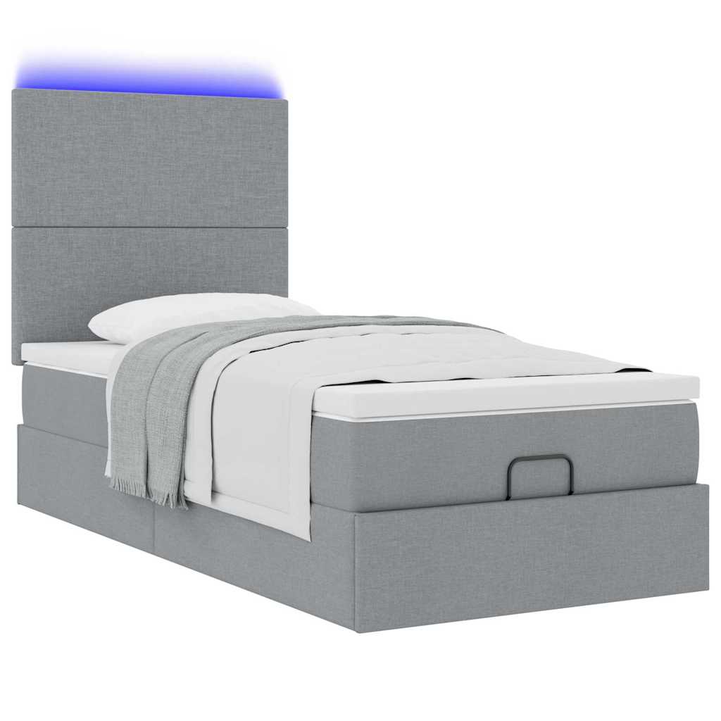 ottoman seng med madras & LEDs 90x200 cm stof lysegrå