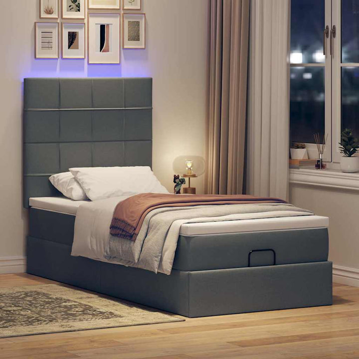 ottoman seng med madras & LEDs 90x200 cm stof mørkegrå