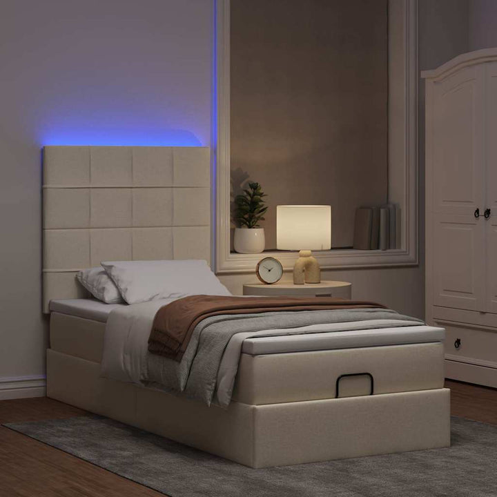 ottoman seng med madras & LEDs 90x200 cm stof cremefarvet