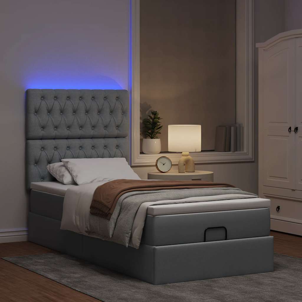 ottoman seng med madras & LEDs 80x200 cm stof lysegrå
