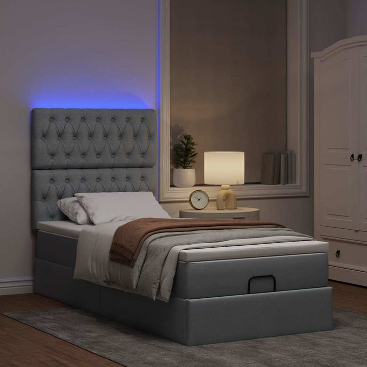 ottoman seng med madras & LEDs 90x200 cm stof lysegrå