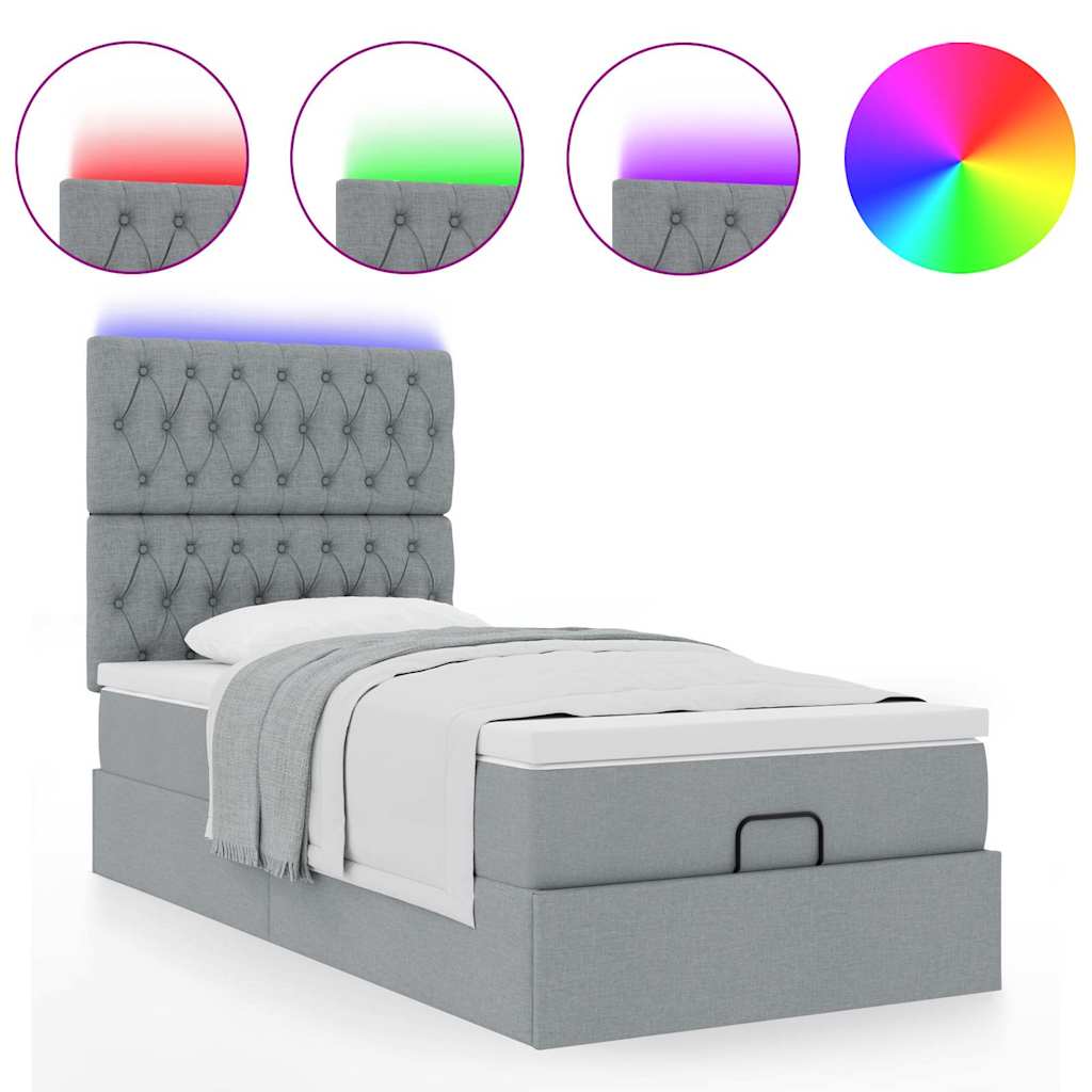 ottoman seng med madras & LEDs 90x200 cm stof lysegrå