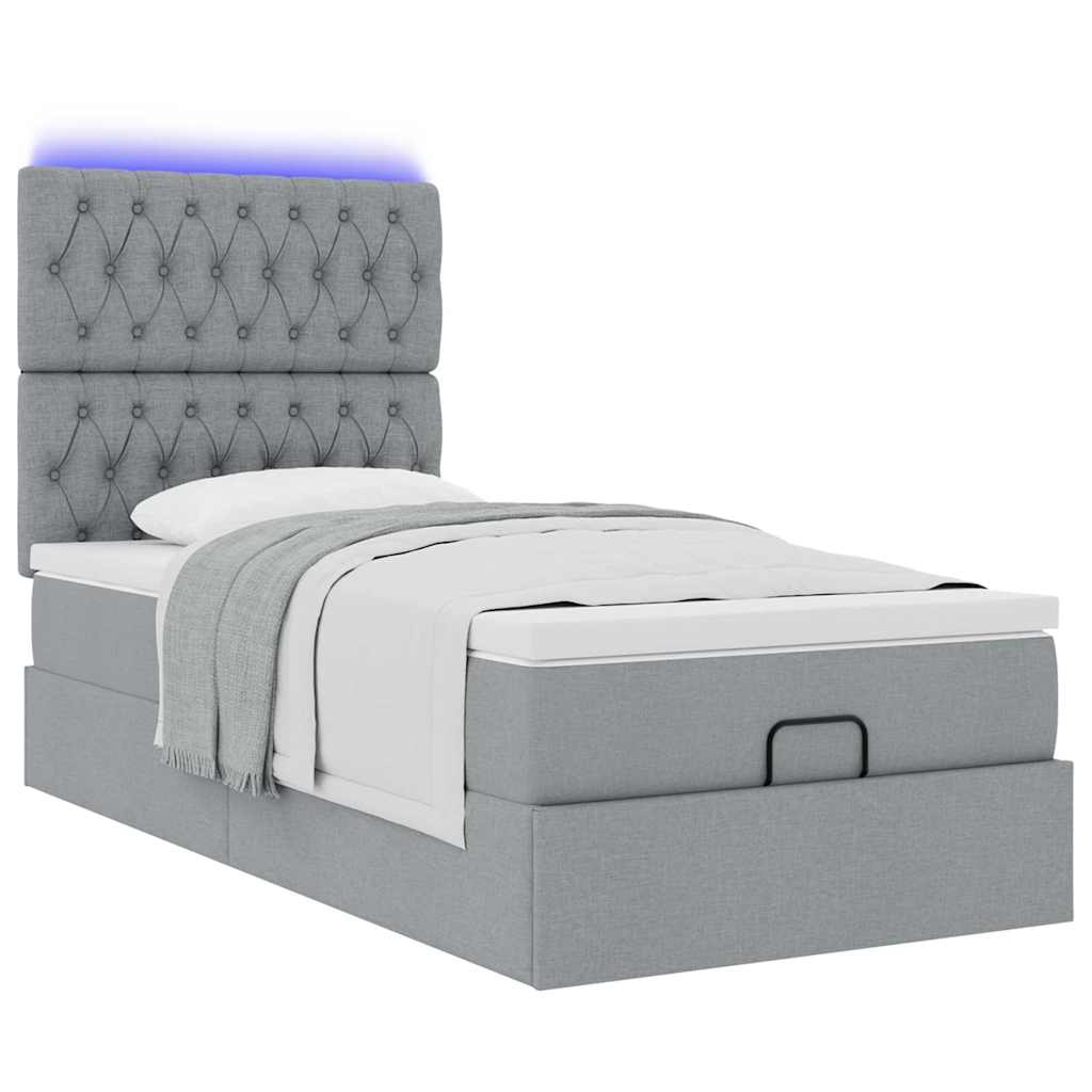 ottoman seng med madras & LEDs 90x200 cm stof lysegrå
