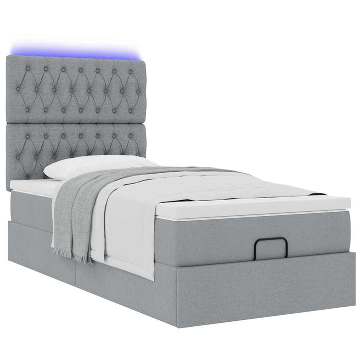 ottoman seng med madras & LEDs 90x200 cm stof lysegrå