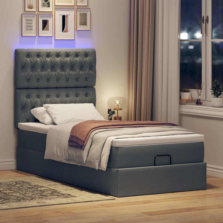 ottoman seng med madras & LEDs 90x200 cm stof mørkegrå