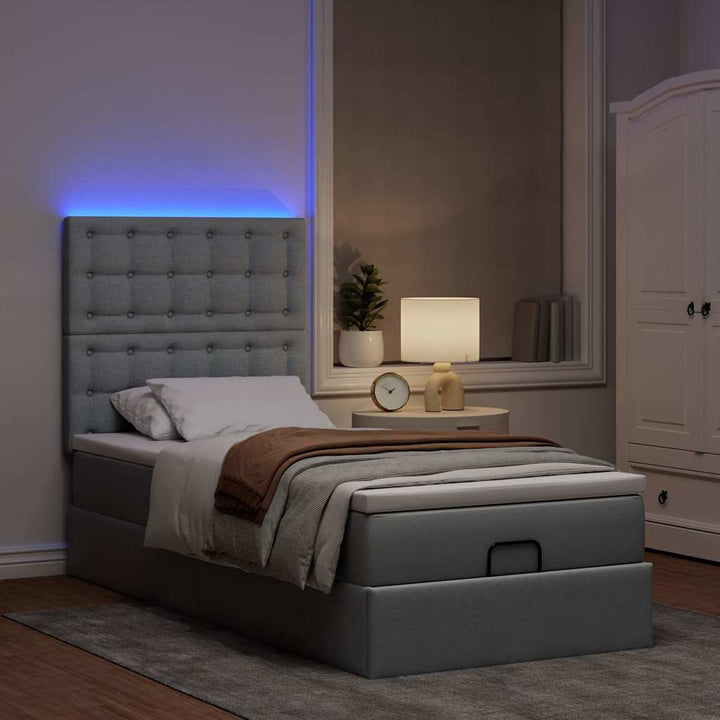 ottoman seng med madras & LEDs 90x200 cm stof lysegrå