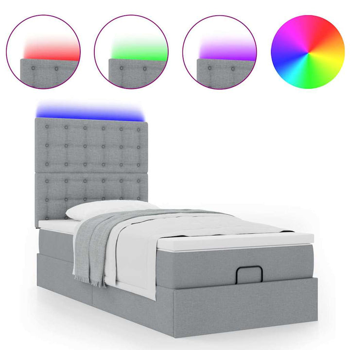 ottoman seng med madras & LEDs 90x200 cm stof lysegrå