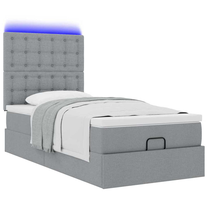 ottoman seng med madras & LEDs 90x200 cm stof lysegrå