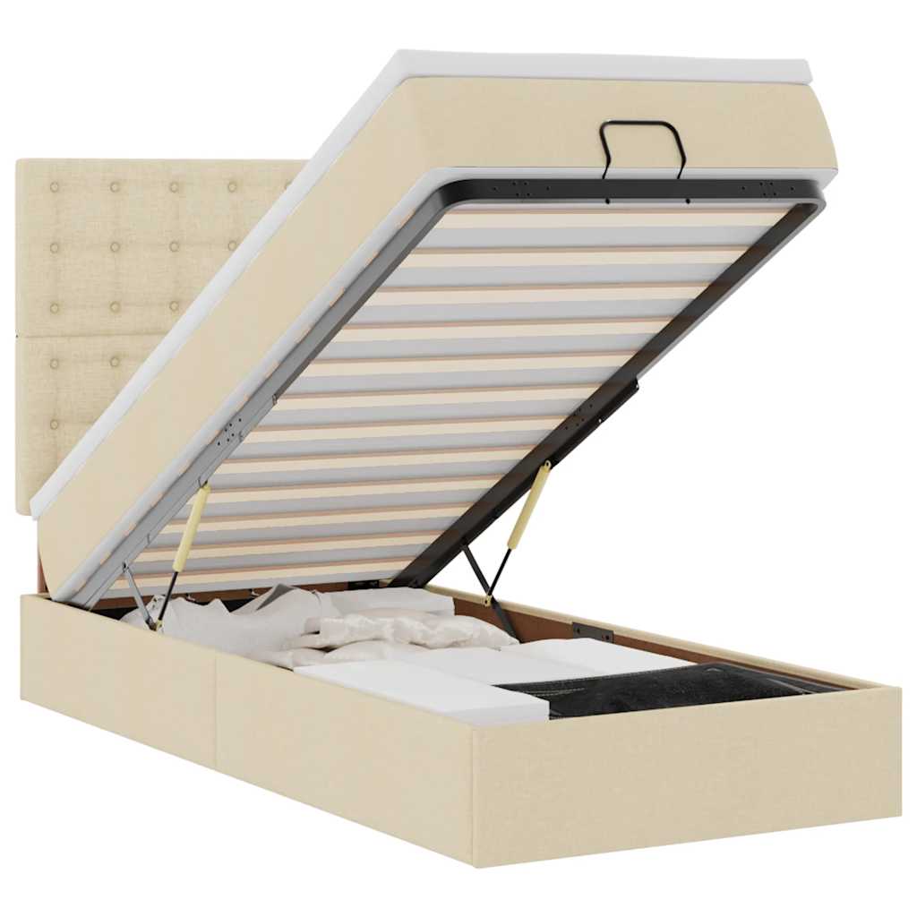 ottoman seng med madras & LEDs 90x200 cm stof cremefarvet