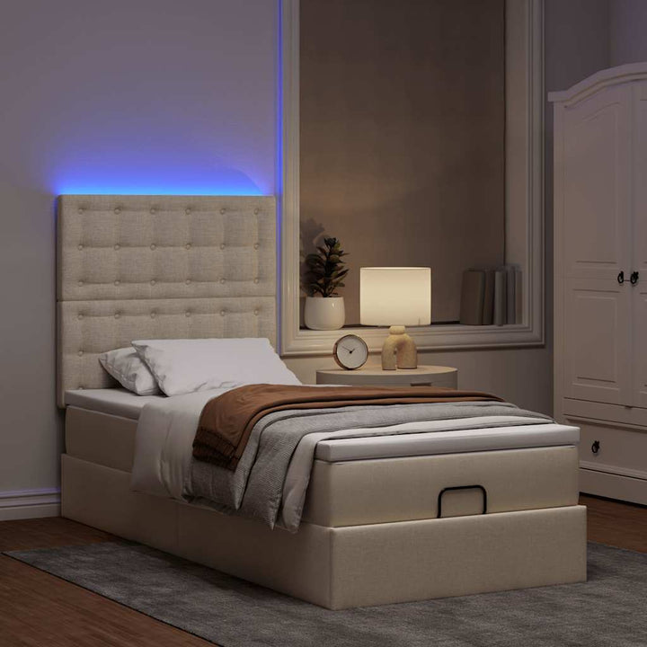 ottoman seng med madras & LEDs 90x200 cm stof cremefarvet