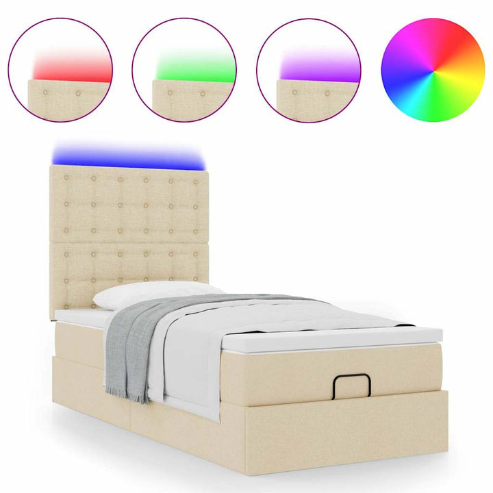 ottoman seng med madras & LEDs 90x200 cm stof cremefarvet