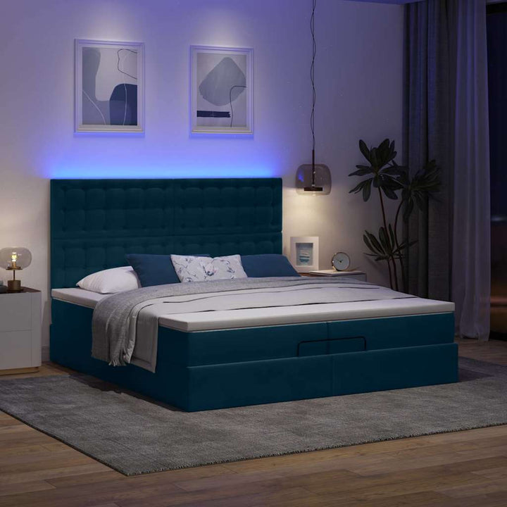Ottoman seng med madrasser & LEDs Mørkeblå 200x200cm Fløjl