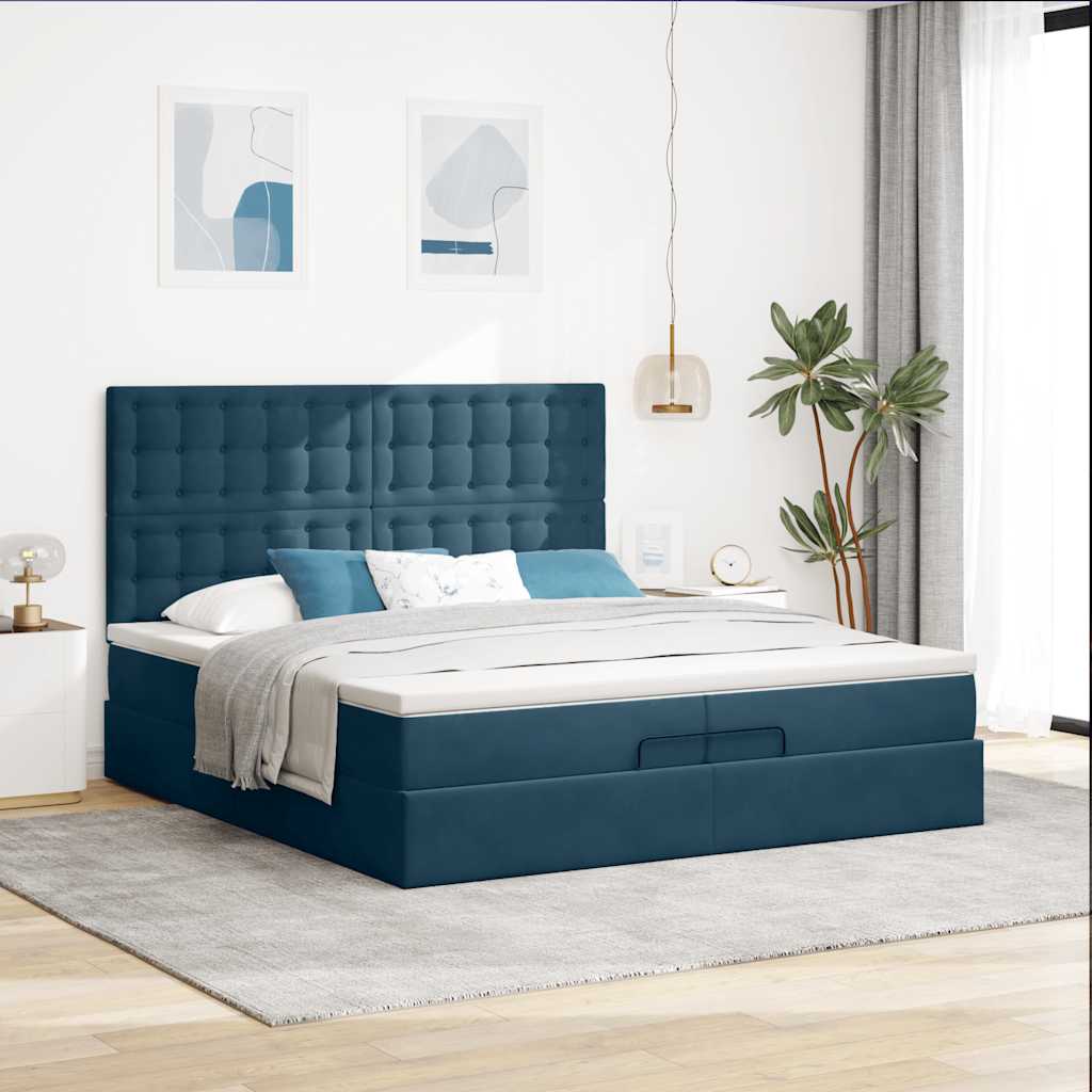 Ottoman seng med madrasser & LEDs Mørkeblå 200x200cm Fløjl