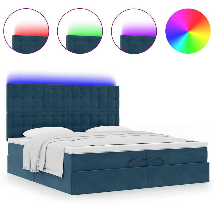 Ottoman seng med madrasser & LEDs Mørkeblå 200x200cm Fløjl