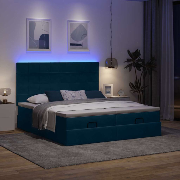 Ottoman seng med madrasser & LEDs Mørkeblå 200x200cm Fløjl
