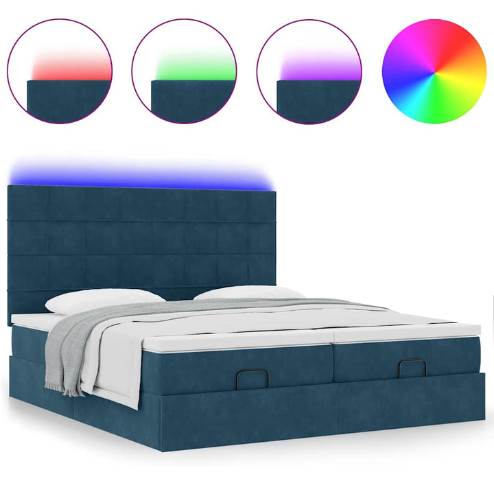 Ottoman seng med madrasser & LEDs Mørkeblå 200x200cm Fløjl