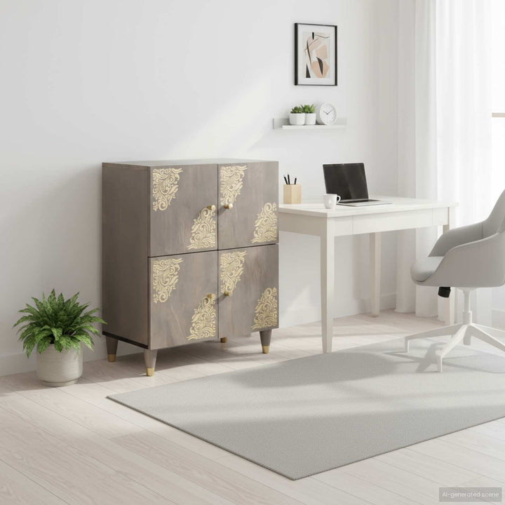 Sideboard med dør Grå og Guld 60 x 33 x 75 cm Massivt mangotræ