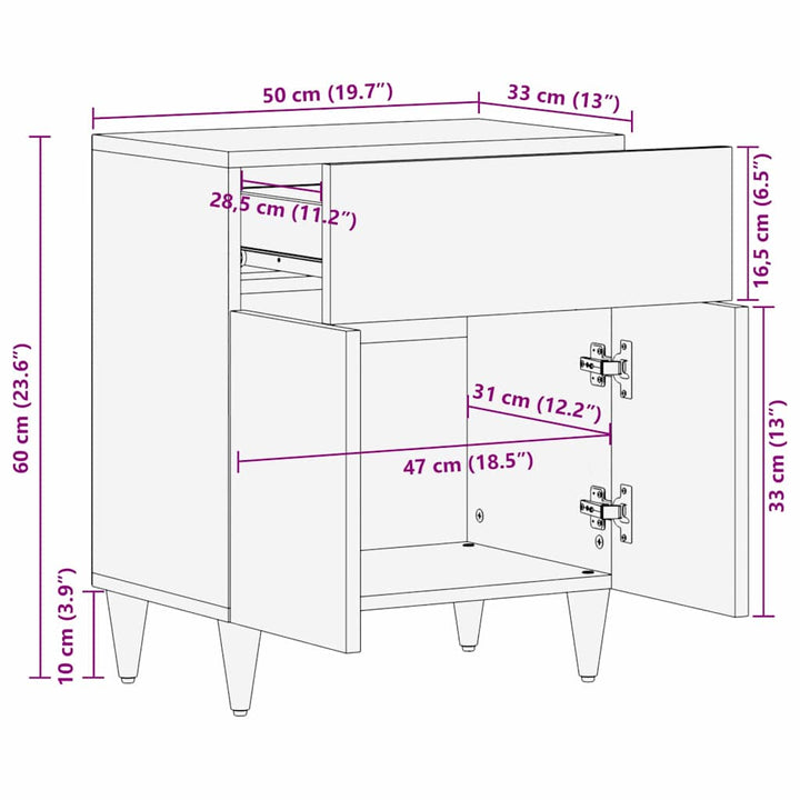 Sengebord med Dør Sort 50 x 33 x 60 cm Massivt mangotræ