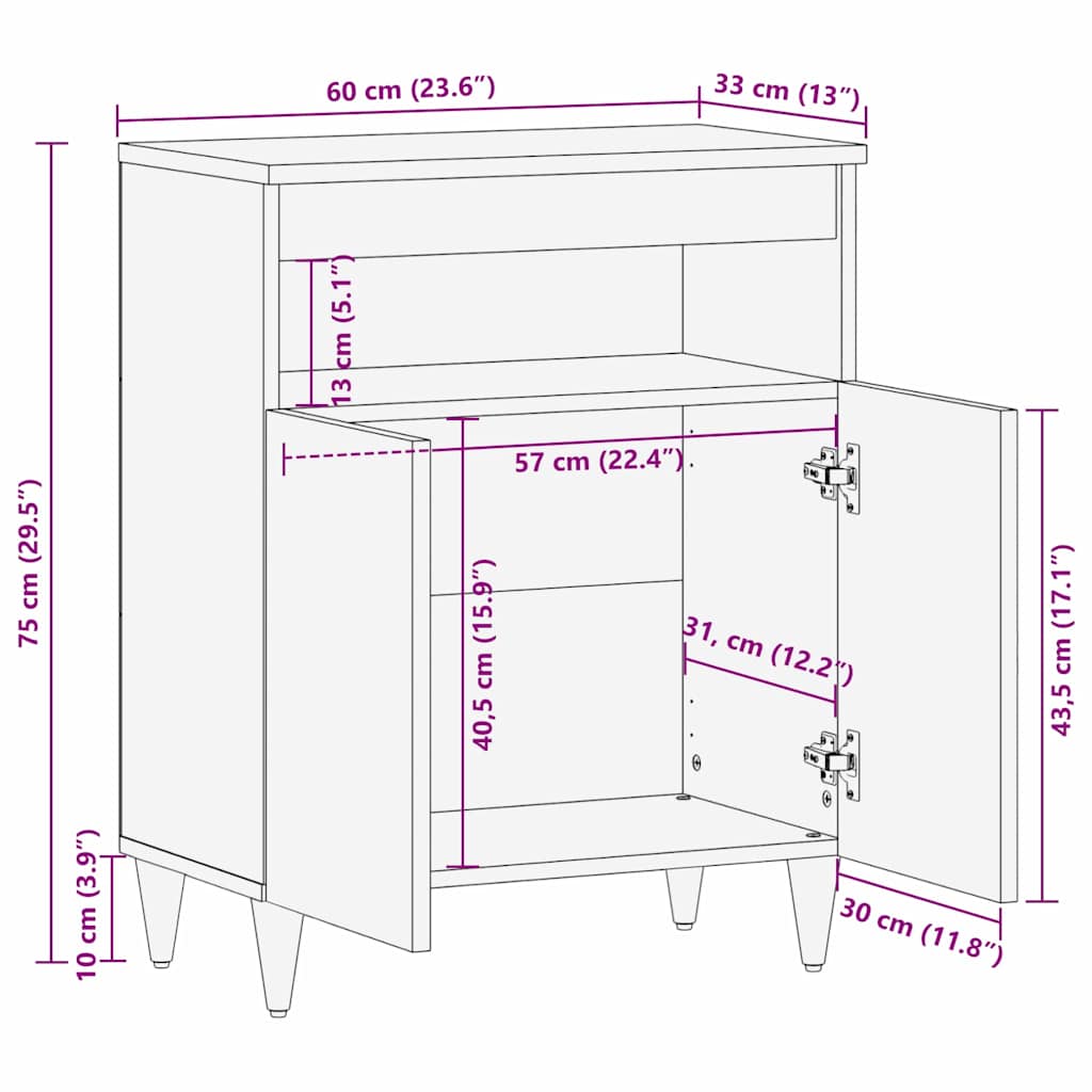 Sideboard med hylde Sort 60 x 33 x 75 cm Massivt mangotræ