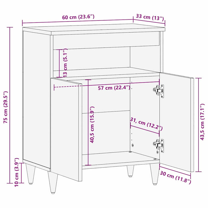 Sideboard med hylde Sort 60 x 33 x 75 cm Massivt mangotræ