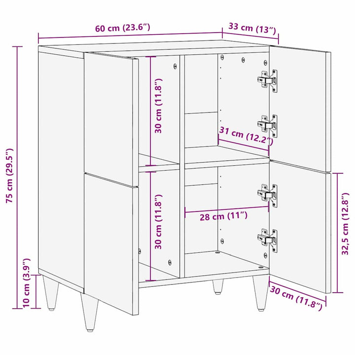 Sideboard med hylde Sort 60 x 33 x 75 cm Massivt mangotræ