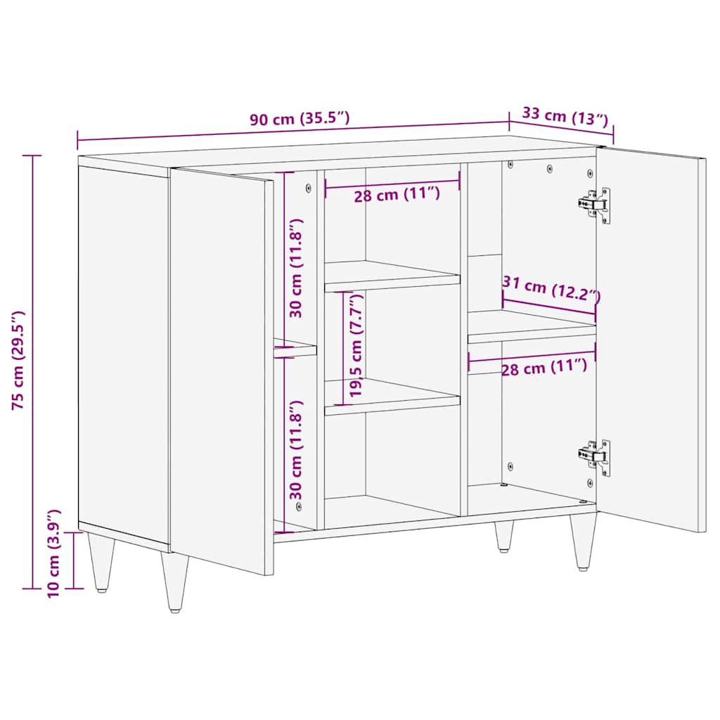 Sideboard med hylde Sort 90 x 33 x 75 cm Massivt mangotræ