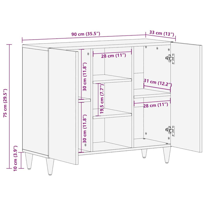 Sideboard med hylde Sort 90 x 33 x 75 cm Massivt mangotræ