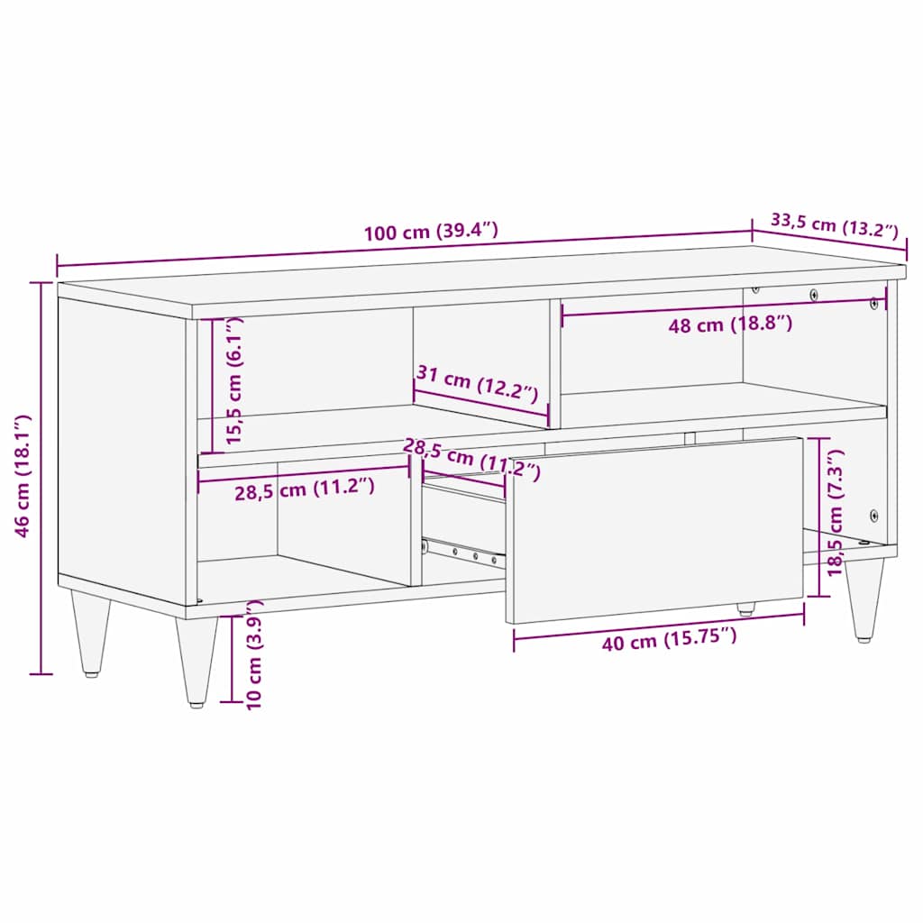 TV-skab med skuffe Brun 100 x 33,5 x 46 cm Massivt mangotræ