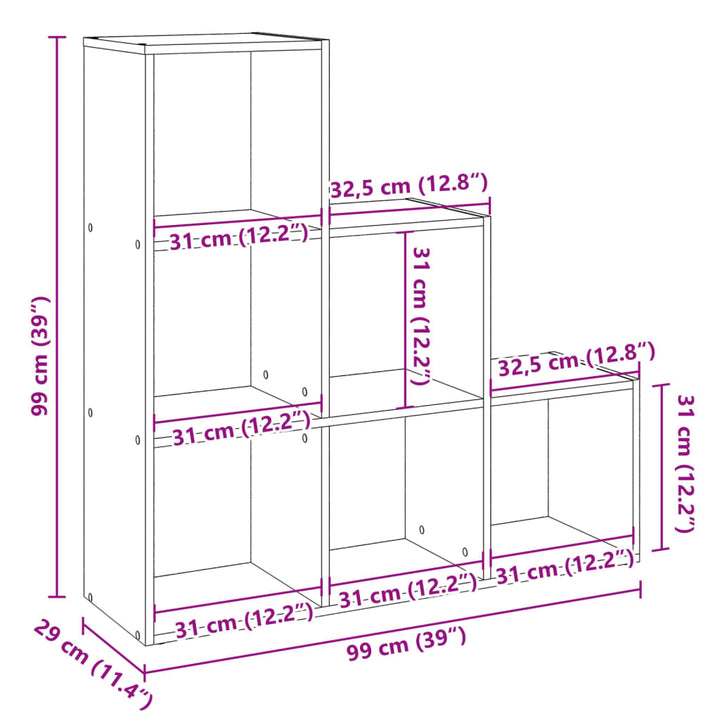 bogreol/rumdeler 99x29x99cm 3 niveauer konstrueret træ betongrå