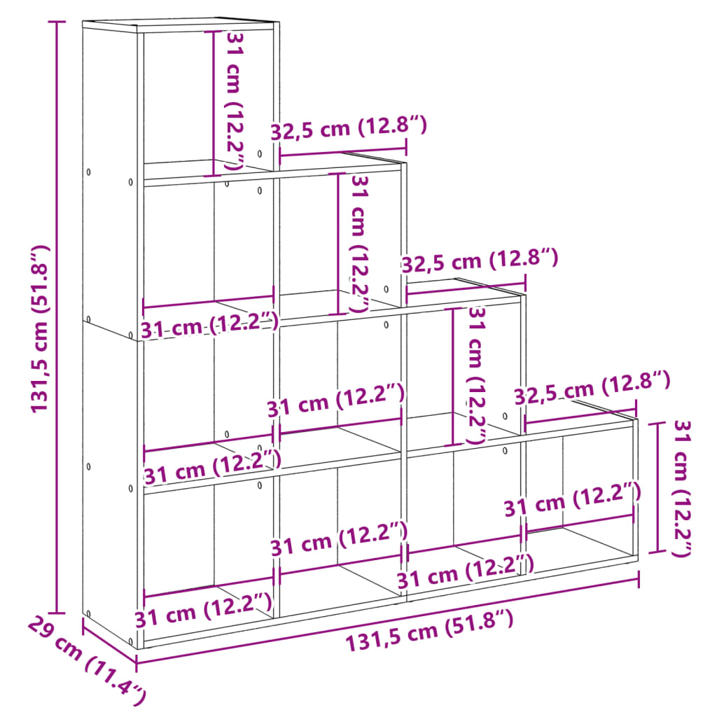 bogreol/rumdeler 131,5x29x131,5 cm konstrueret træ røget eg