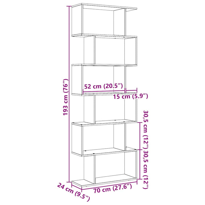 bogreol/rumdeler 70x24x193cm 6 niveauer konstrueret træ kunsteg