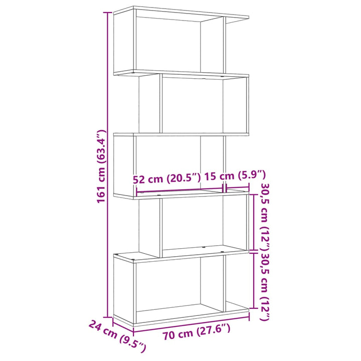 bogreol/rumdeler 70x24x161cm 5 niveauer konstrueret træ kunsteg