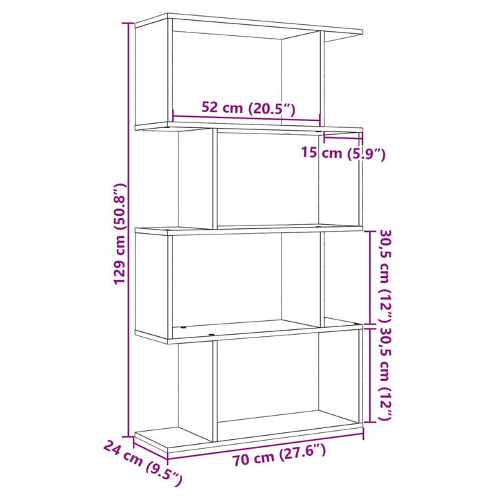 bogreol/rumdeler 70x24x129 cm 4 niveauer konstrueret træ