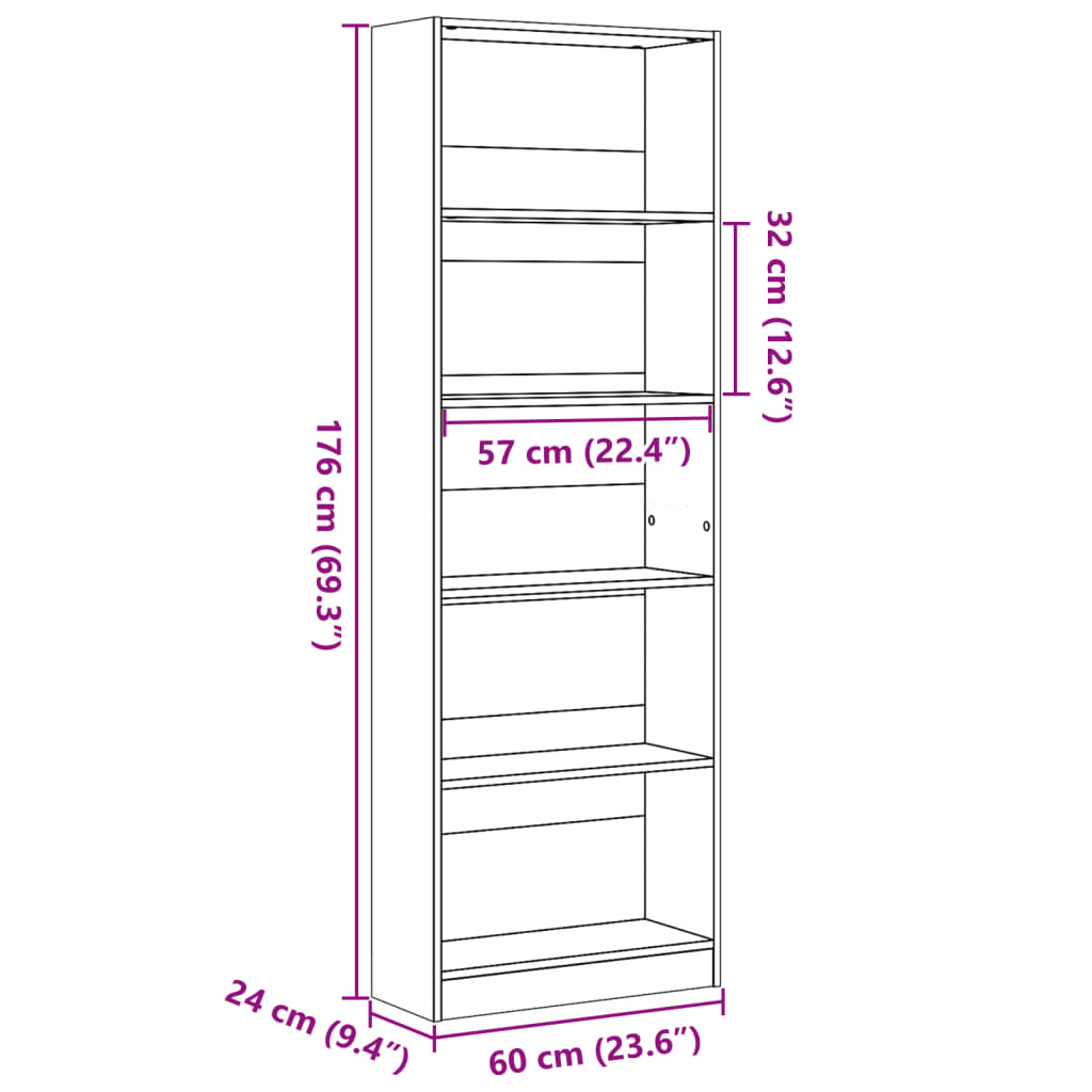 bogreol hvid 60x24x176 cm konstrueret træ