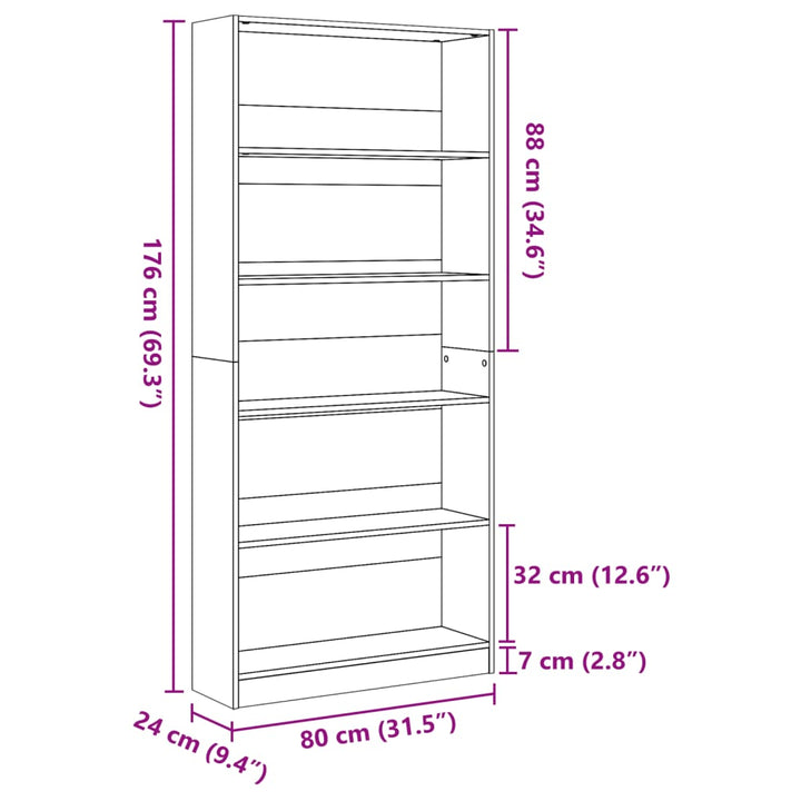 bogreol Sonoma eg 80x24x176 cm konstrueret træ