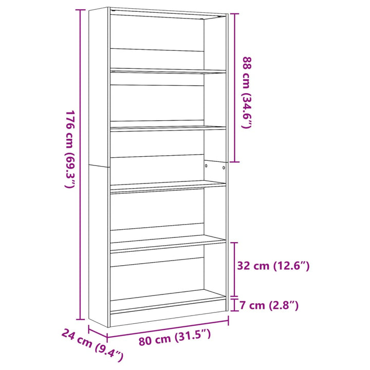 bogreol 80x24x176 cm konstrueret træ egetræsfarve