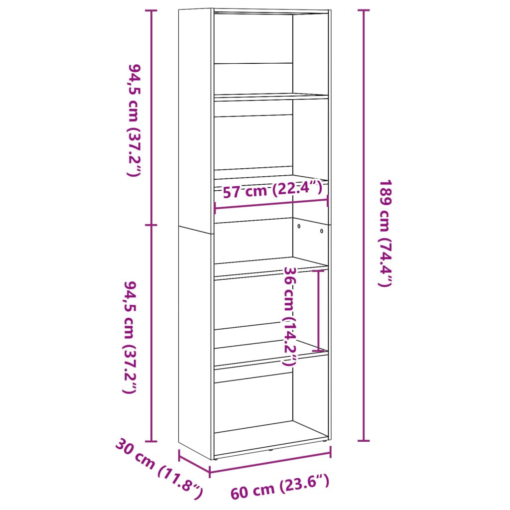 bogreol 60x30x189 cm konstrueret træ hvid