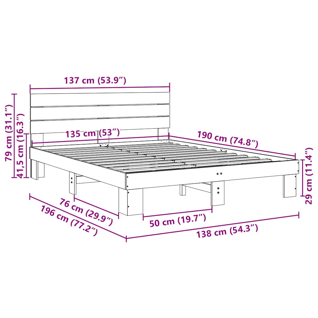 Sengeramme med hovedgærde uden madras 135x190 cm Massivt træ Eg