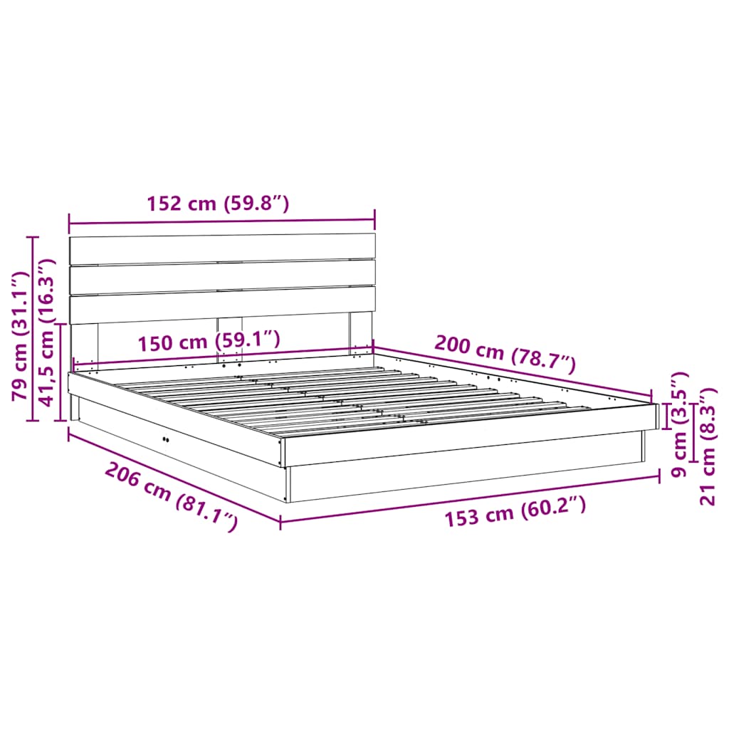 Sengeramme med hovedgærde uden madras 150x200 cm Massivt træ Eg