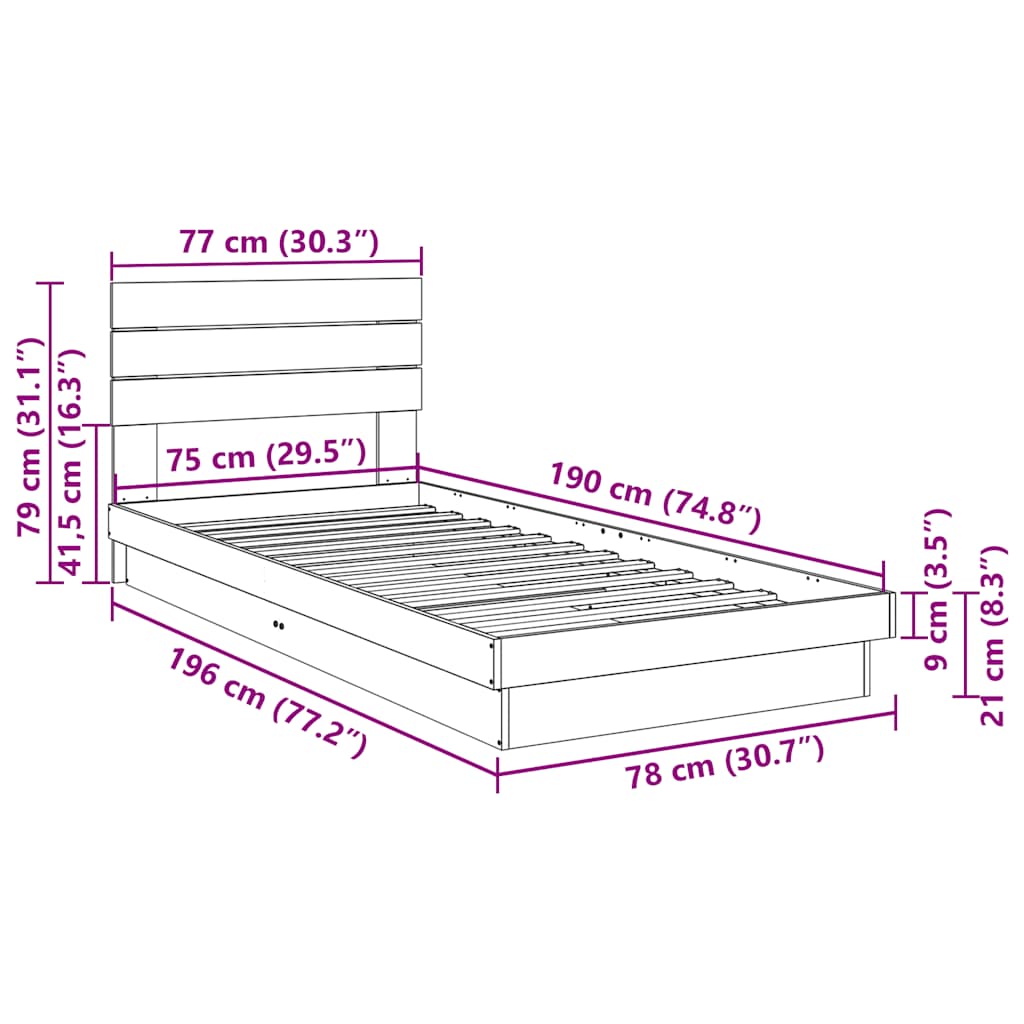 Sengeramme med hovedgærde uden madras 75x190 cm Massivt træ Eg