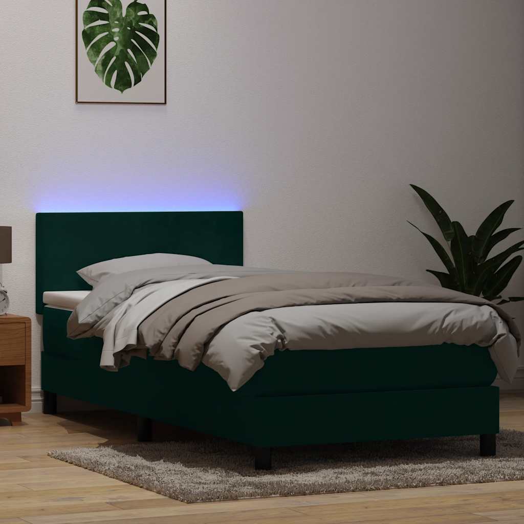 kontinentalseng med madras og LED-lys mørkegrøn 80x220 cm fløjl