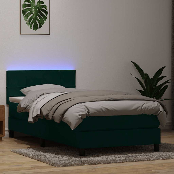 kontinentalseng med madras og LED-lys mørkegrøn 80x220 cm fløjl