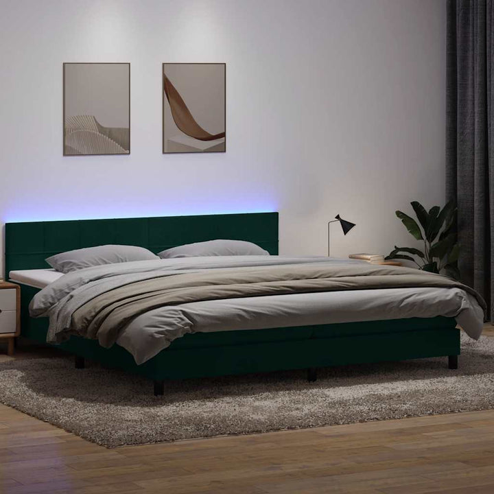 kontinentalseng med madras og LED-lys 180x220 cm fløjl mørkegrøn