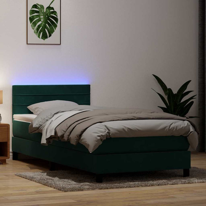 kontinentalseng med madras og LED-lys mørkegrøn 80x220 cm fløjl