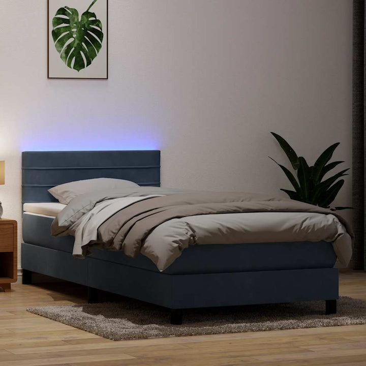 kontinentalseng med madras og LED-lys mørkegrå 90x220 cm fløjl