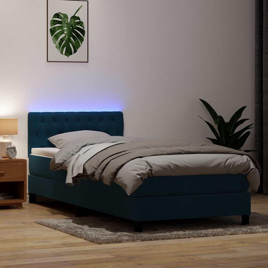 kontinentalseng med madras og LED-lys mørkeblå 80x210 cm fløjl